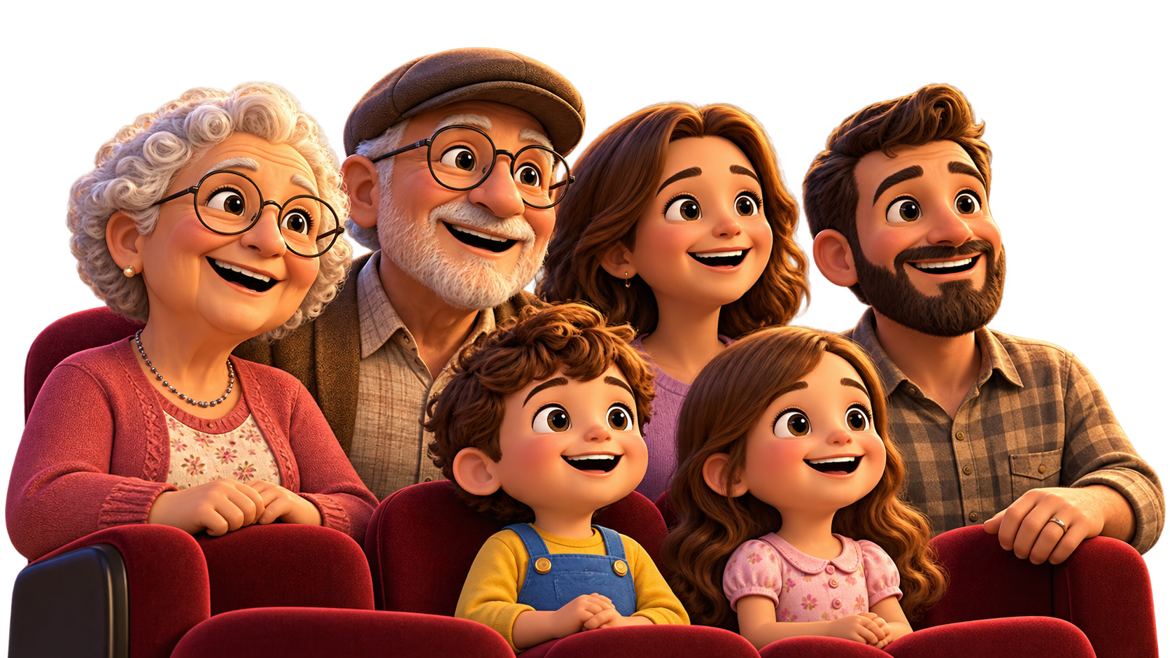 Avó, avô, mãe, pai e duas crianças sorrindo juntos em poltronas de teatro.